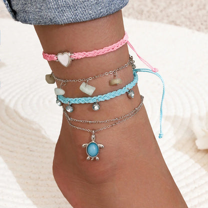 Hand-woven blue love foot rope anklet with geometric design