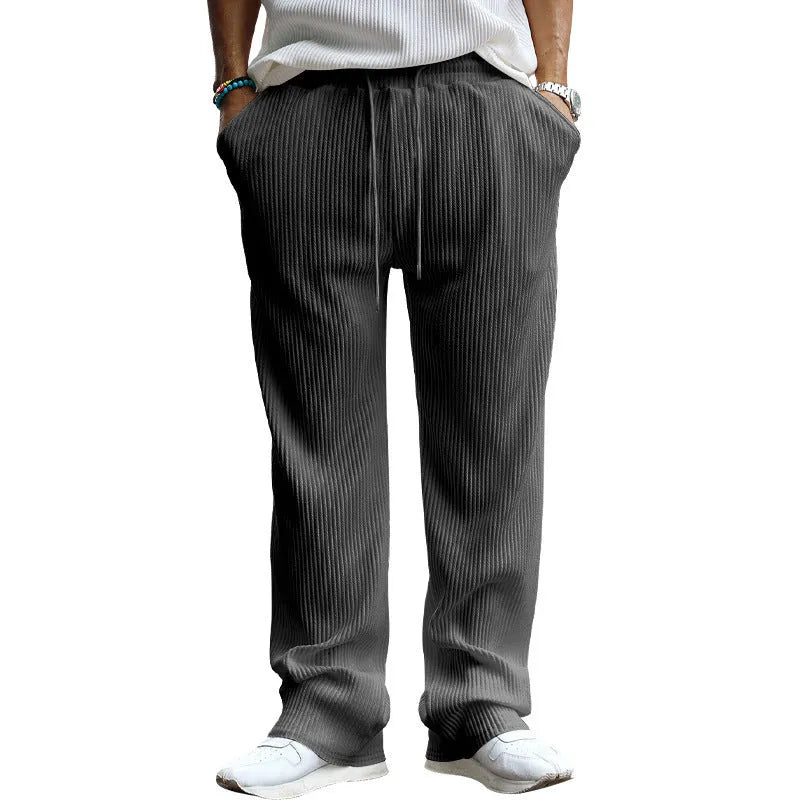 Men's casual loose fit striped high waist straight leg trousers in army green colour