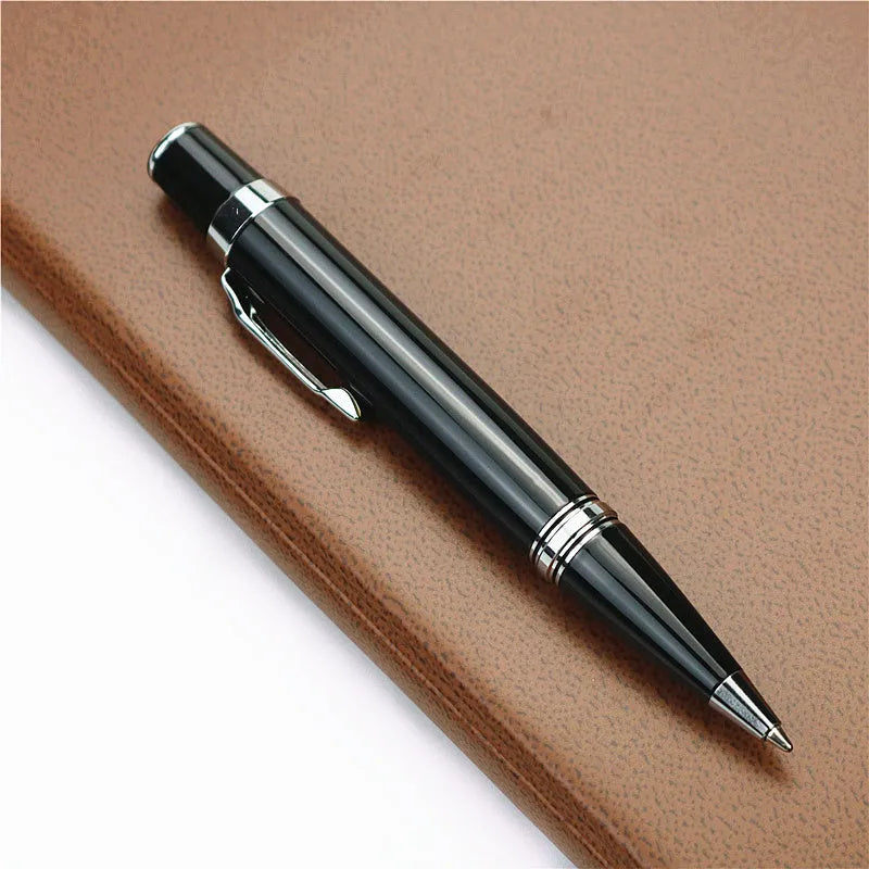 Black full metal pocket ballpoint pen with a 0.7mm refill and two spare refills.