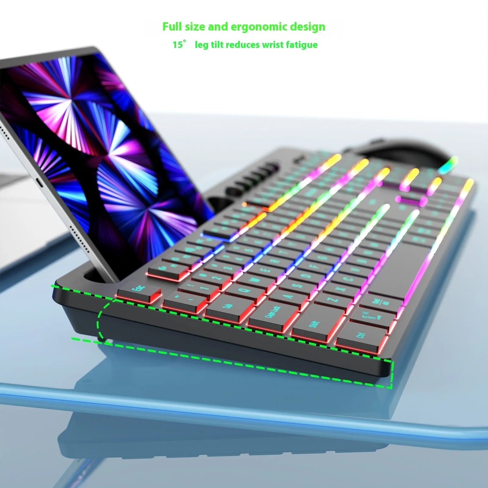 Black wireless keyboard and mouse set with luminous keys and integrated card slot for office use
