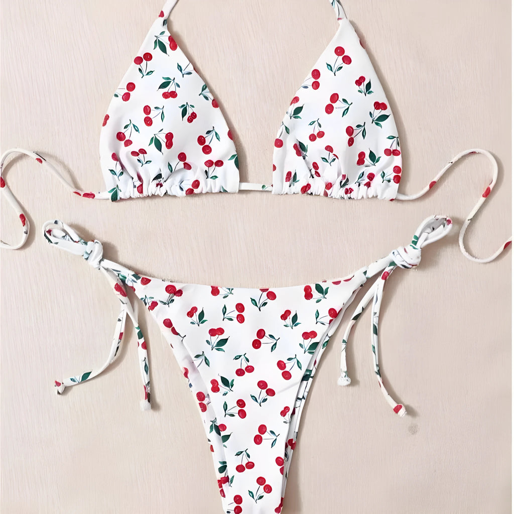 Holiday split halter bikini set in solid colour with backless design