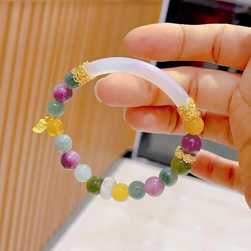 Rainbow coloured electroplated half bracelet for women made from jade and tourmaline.