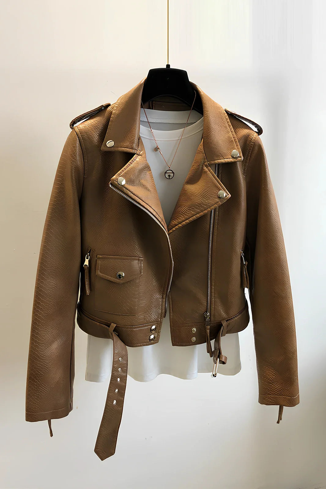Women's short black imitation leather jacket with lapel collar and belt, 50cm length, S-XL sizes for spring autumn