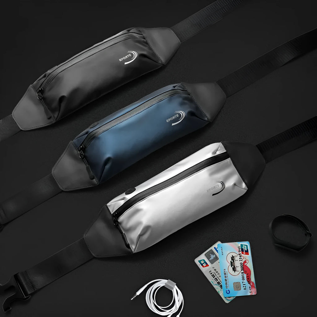 Men's solid-colour waterproof waist bag in Derm Oxford polyester, shown in black, blue, and grey.