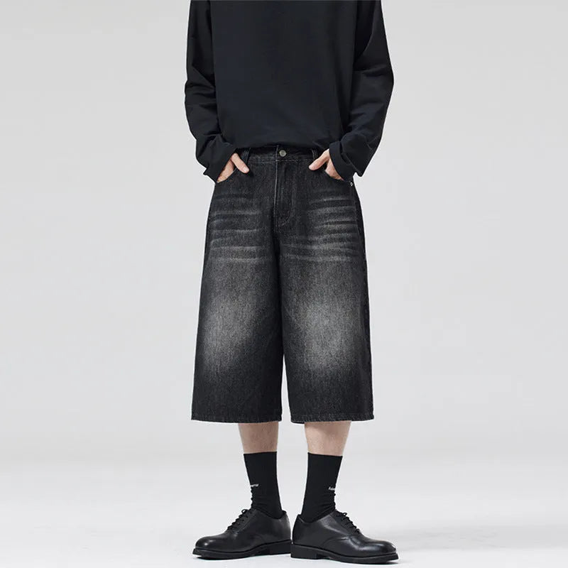 Men's loose straight-leg cropped denim shorts in multiple colour options