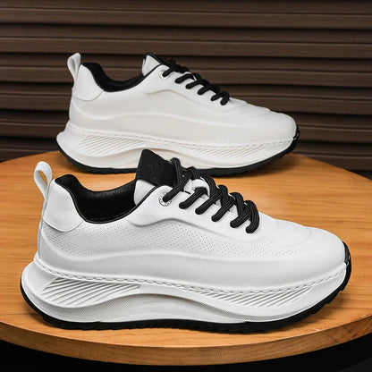 Stylish elevated sports sneakers for men with microfiber upper, PVC sole, and lace-up closure in black, beige, and beige black colors