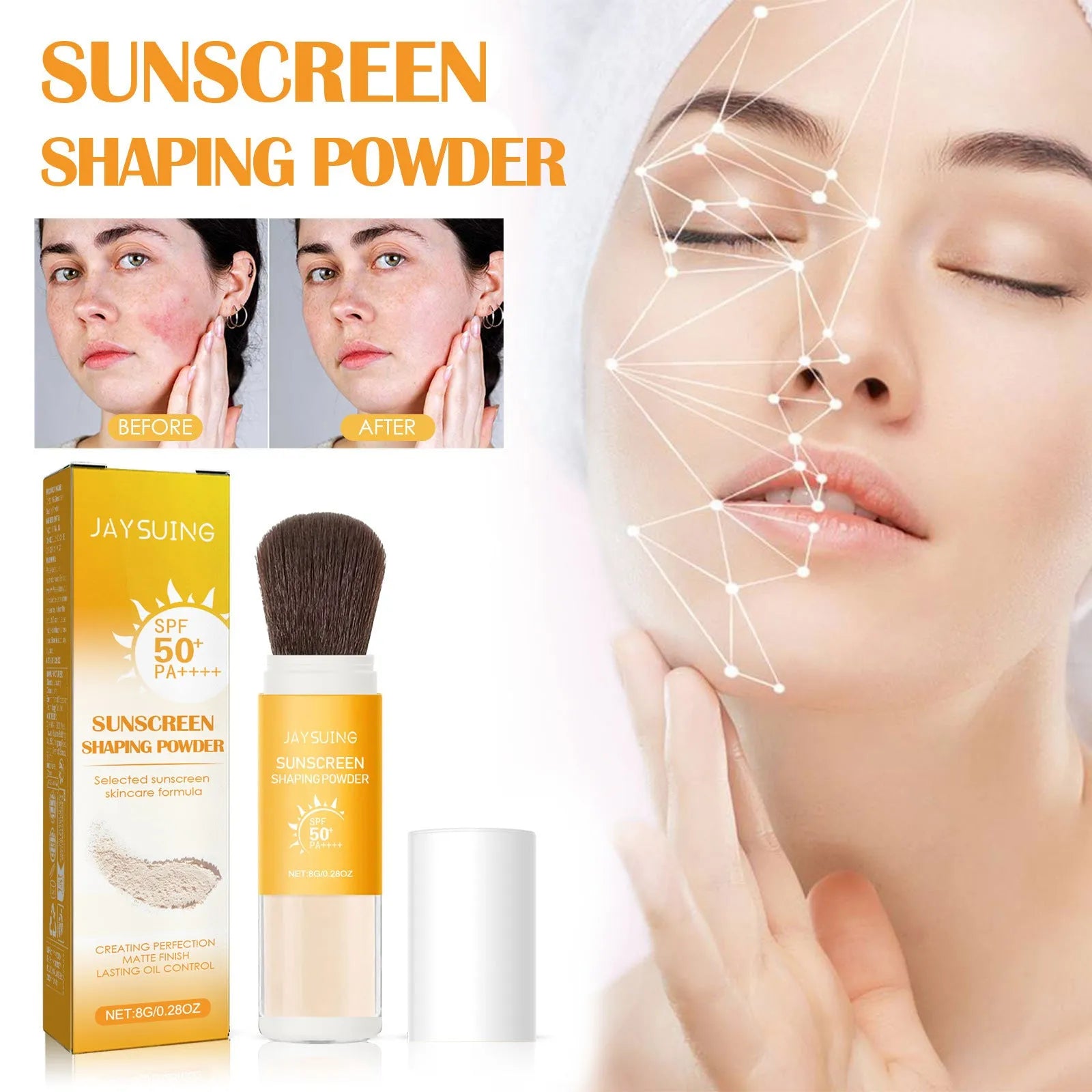 Loose translucent setting powder in a container, 8g capacity for oil control.