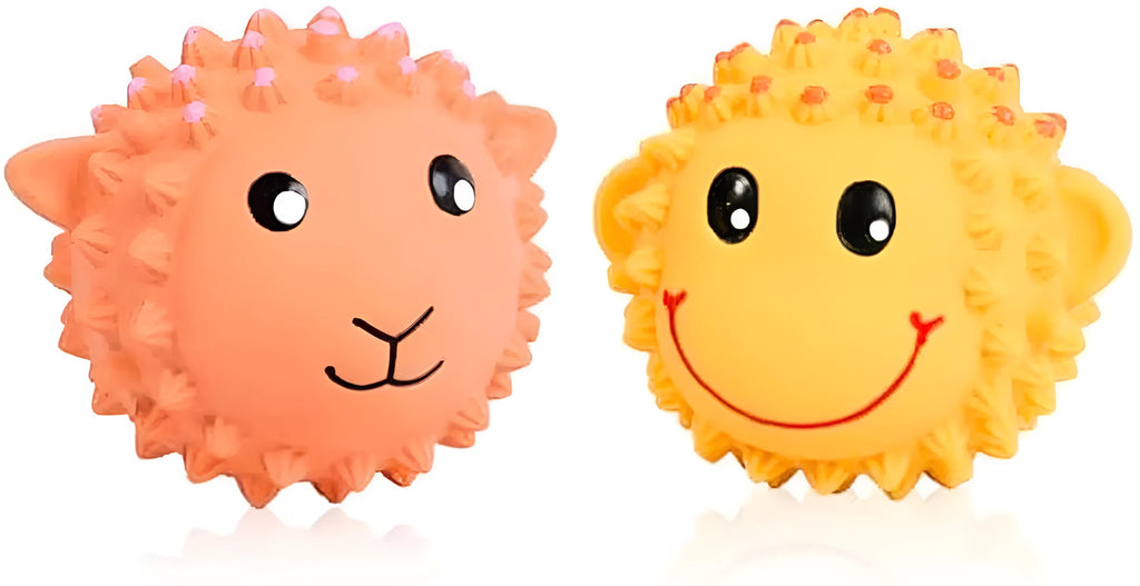 Orange and yellow latex squeaky dog toy with spiky texture for teeth cleaning