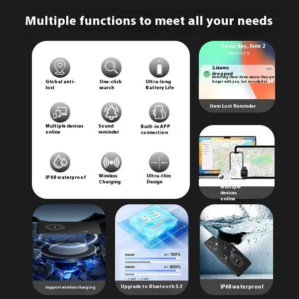 Black MFI Findmy AirTag compatible Android tracking card with keychain loop