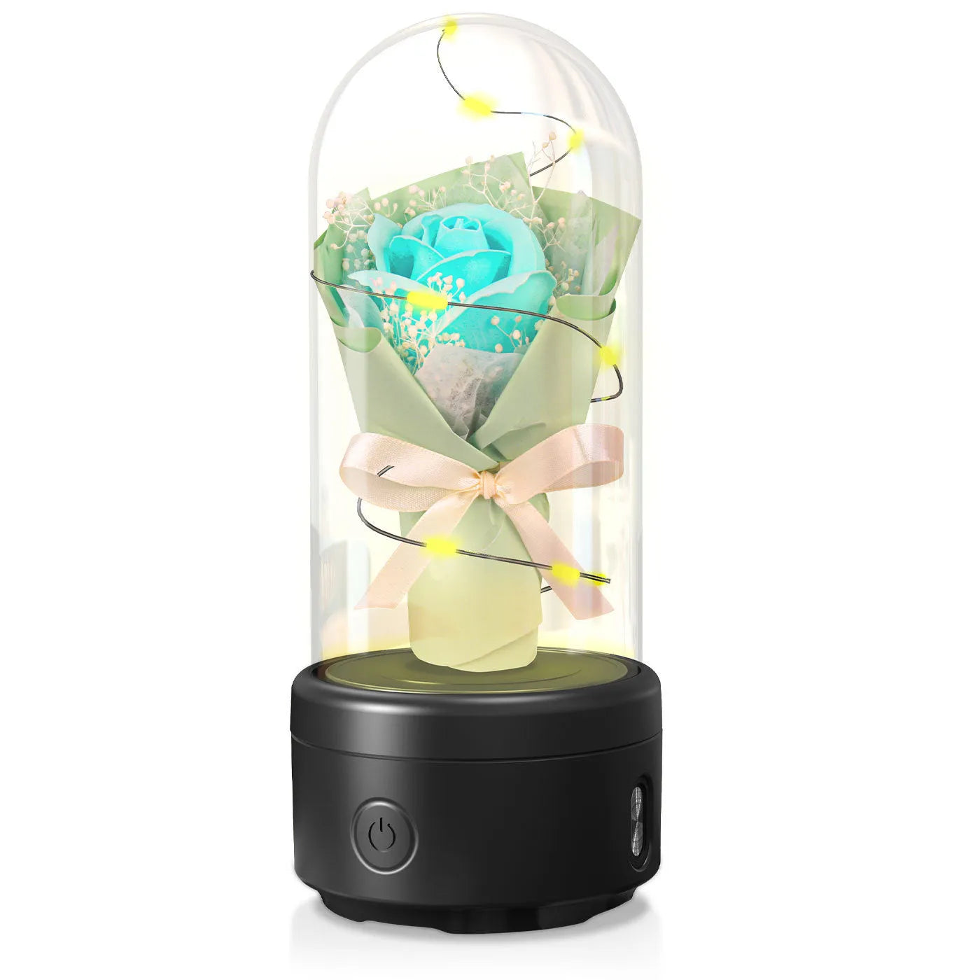 Rose-shaped LED bouquet night light with Bluetooth speaker enclosed in glass cover