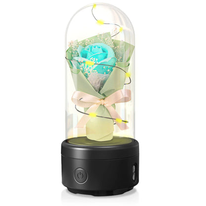 Creative 2-in-1 Bouquet LED Light and Bluetooth Speaker with Rose-themed Glass Lampshade