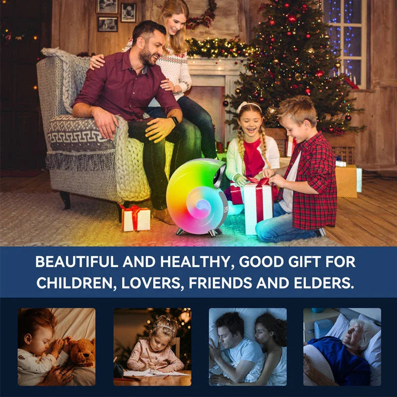 A smart RGB atmosphere light with Bluetooth speaker, alarm clock, and white noise machine for customizable sleep and relaxation.