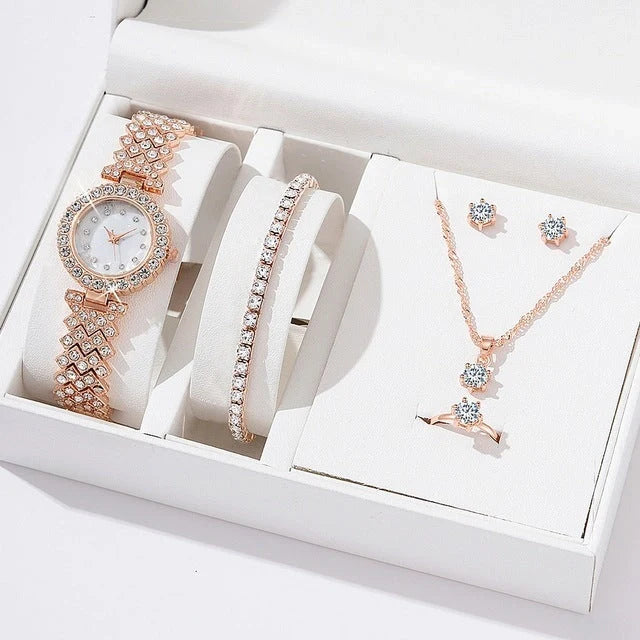 Diamond women's watch with rhinestone quartz bracelet and matching jewellery set