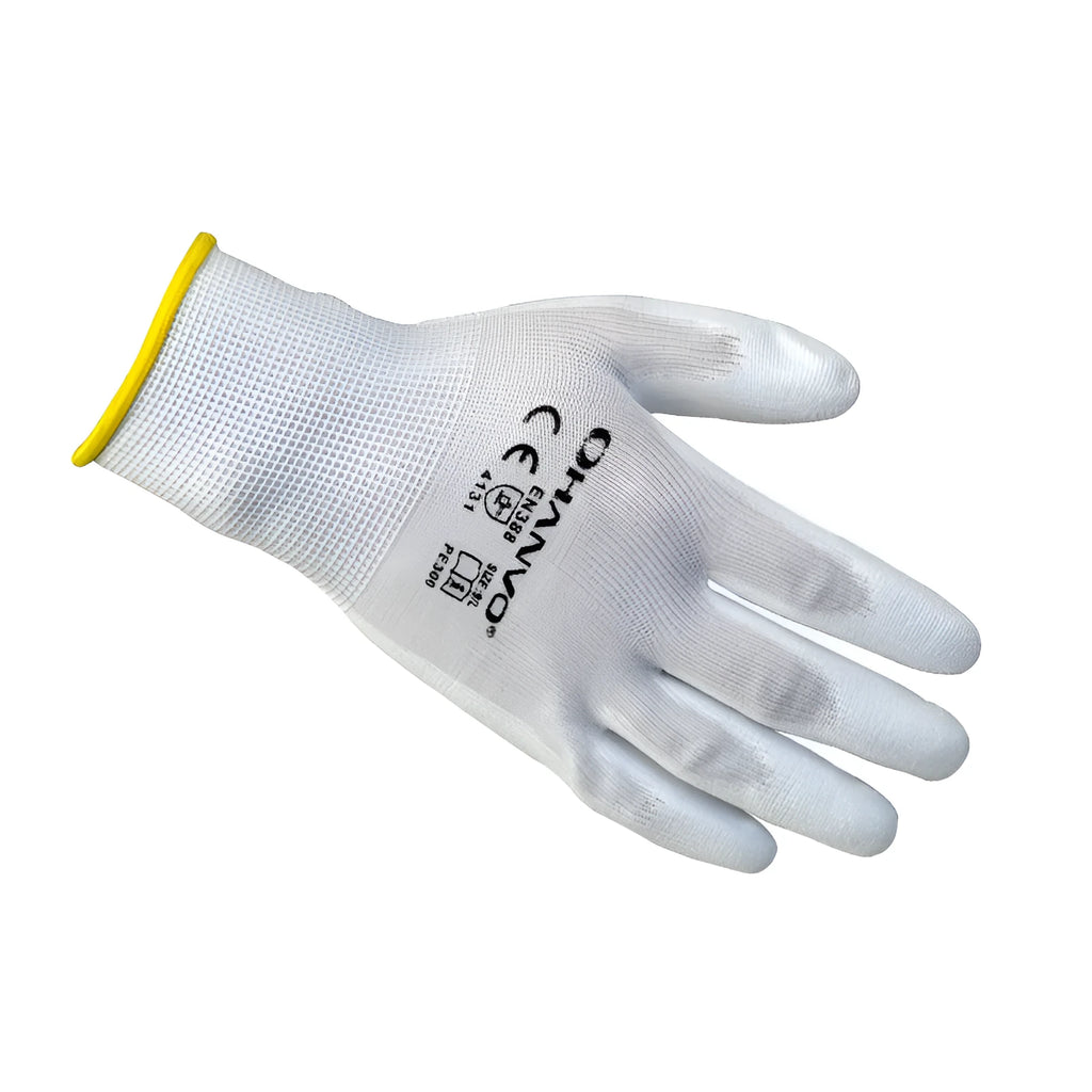 White PU coated labour gloves showing 24cm length and available in large and medium sizing options