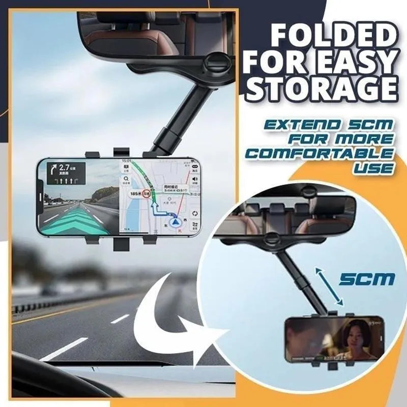 Black rearview mirror car phone holder with four-claw grip and adjustable arm mounted on a car mirror.