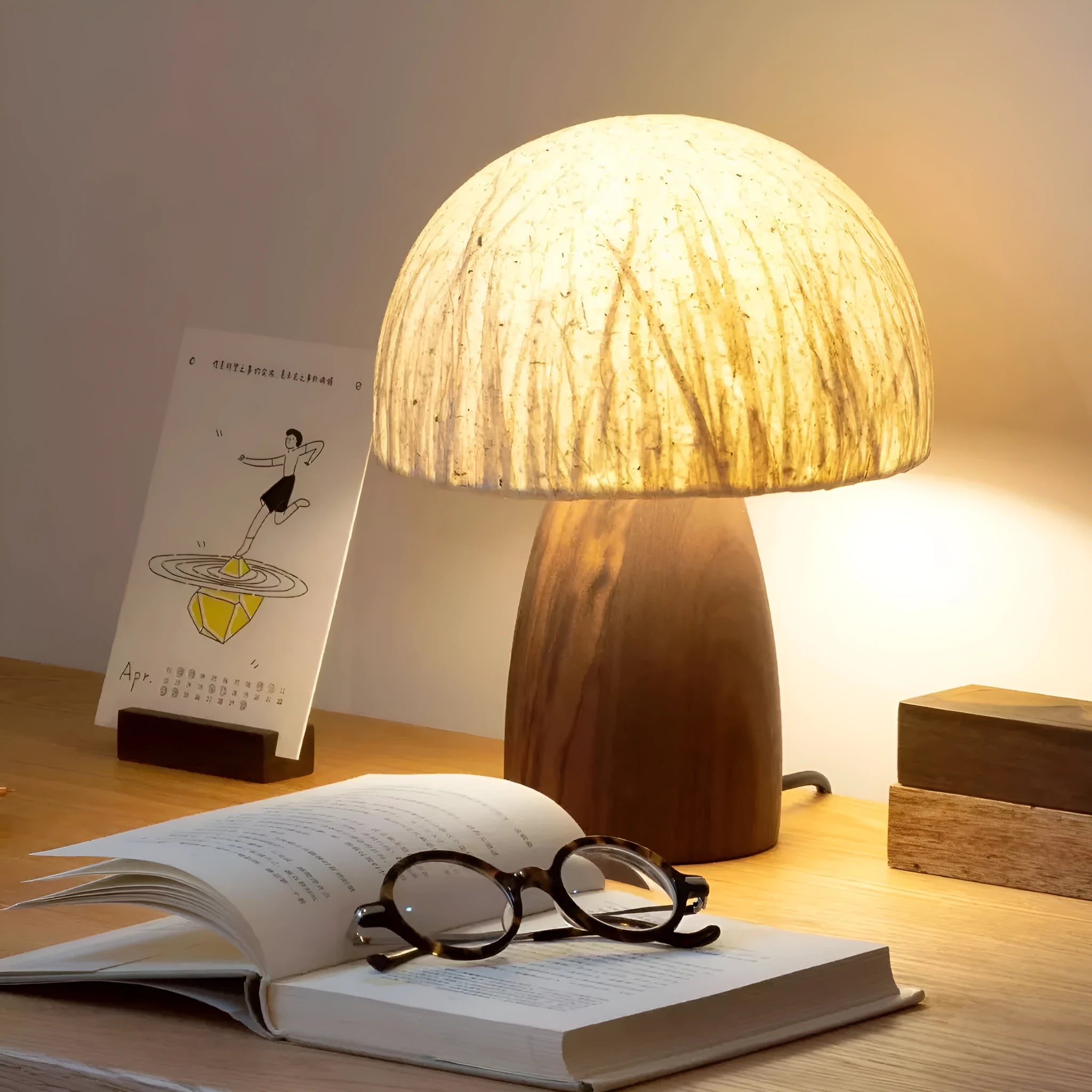 Handmade black walnut mushroom lamp with Japanese style ambient glow on tabletop