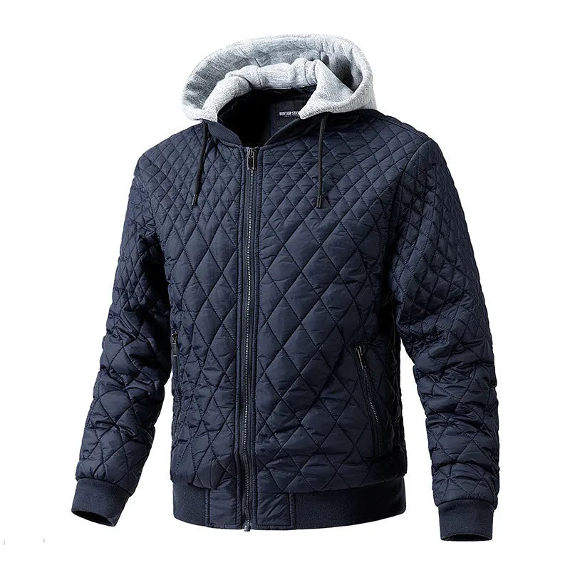 Men's casual quilted jacket with removable hood in polyester blend, available in black, army green, dark blue, khaki