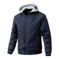 Men's casual quilted jacket with removable hood in polyester blend, available in black, army green, dark blue, khaki