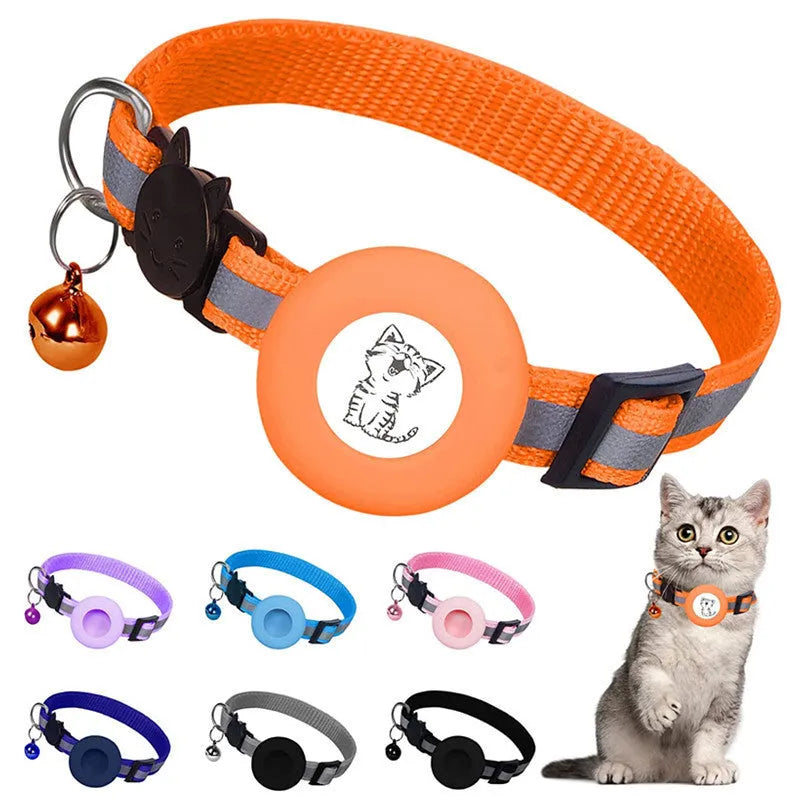 Apple Airtag protective cover collar for cats in stripes pattern with bell and reflective material