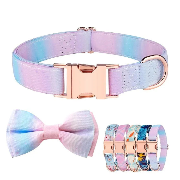 Polyester pet collar with rose gold metal buckle and attached decorative bow in cherry blossom blue colour