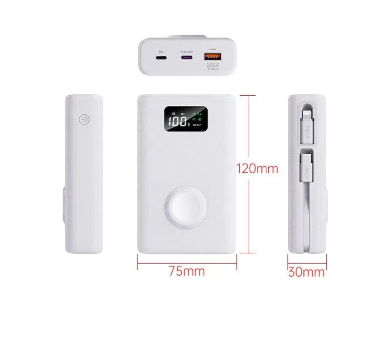 White wireless mobile power supply showing screen display and multiple charging ports