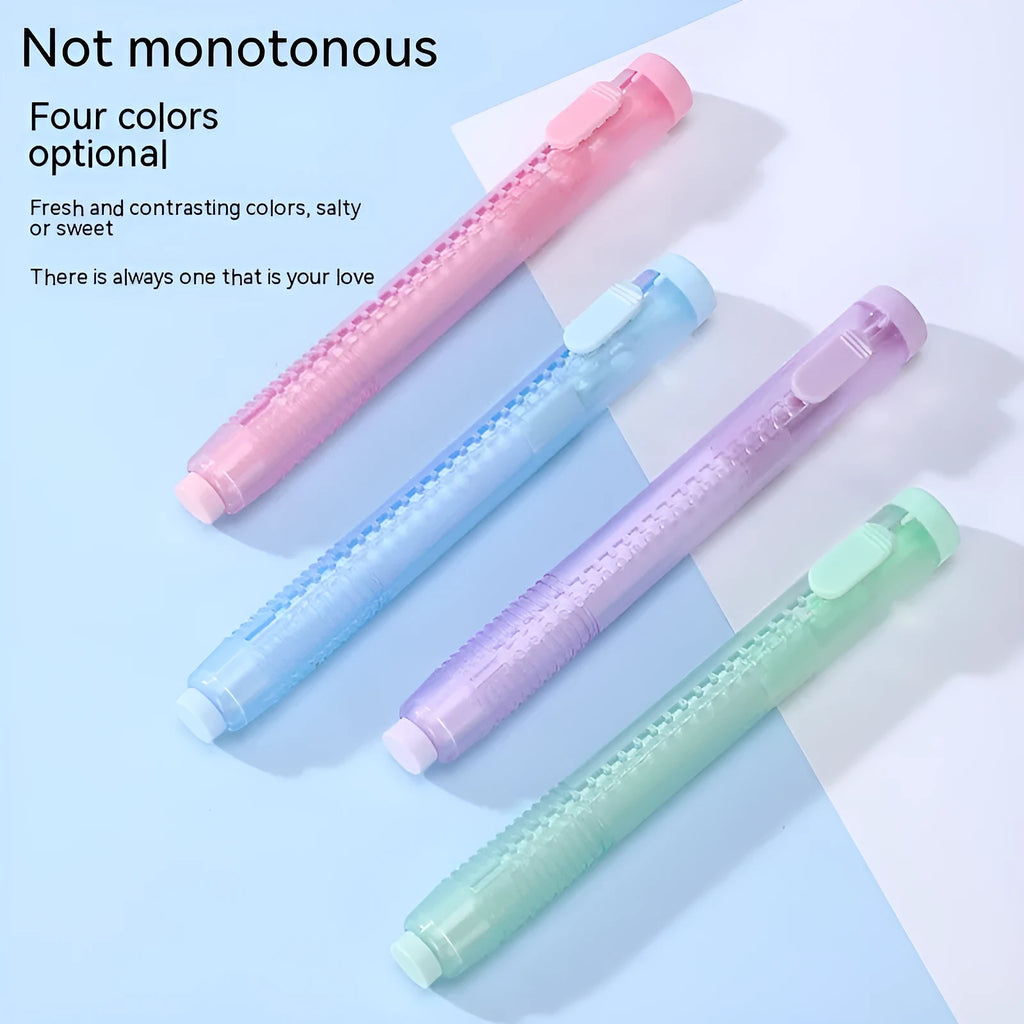 Push type automatic children's eraser in blue, green, pink, or purple colours for traceless pencil mark removal