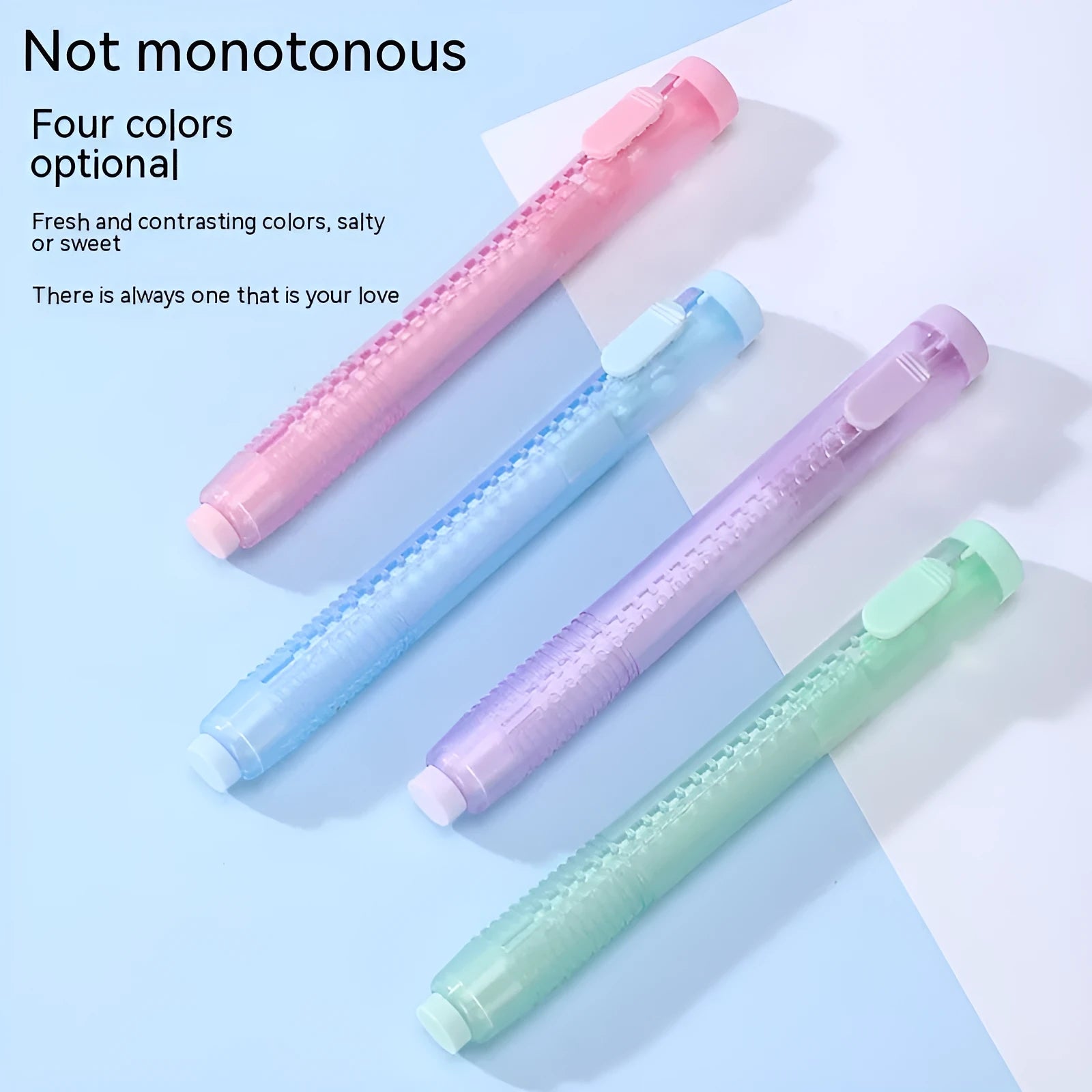 Push type automatic children's eraser in blue, green, pink, or purple colours for traceless pencil mark removal