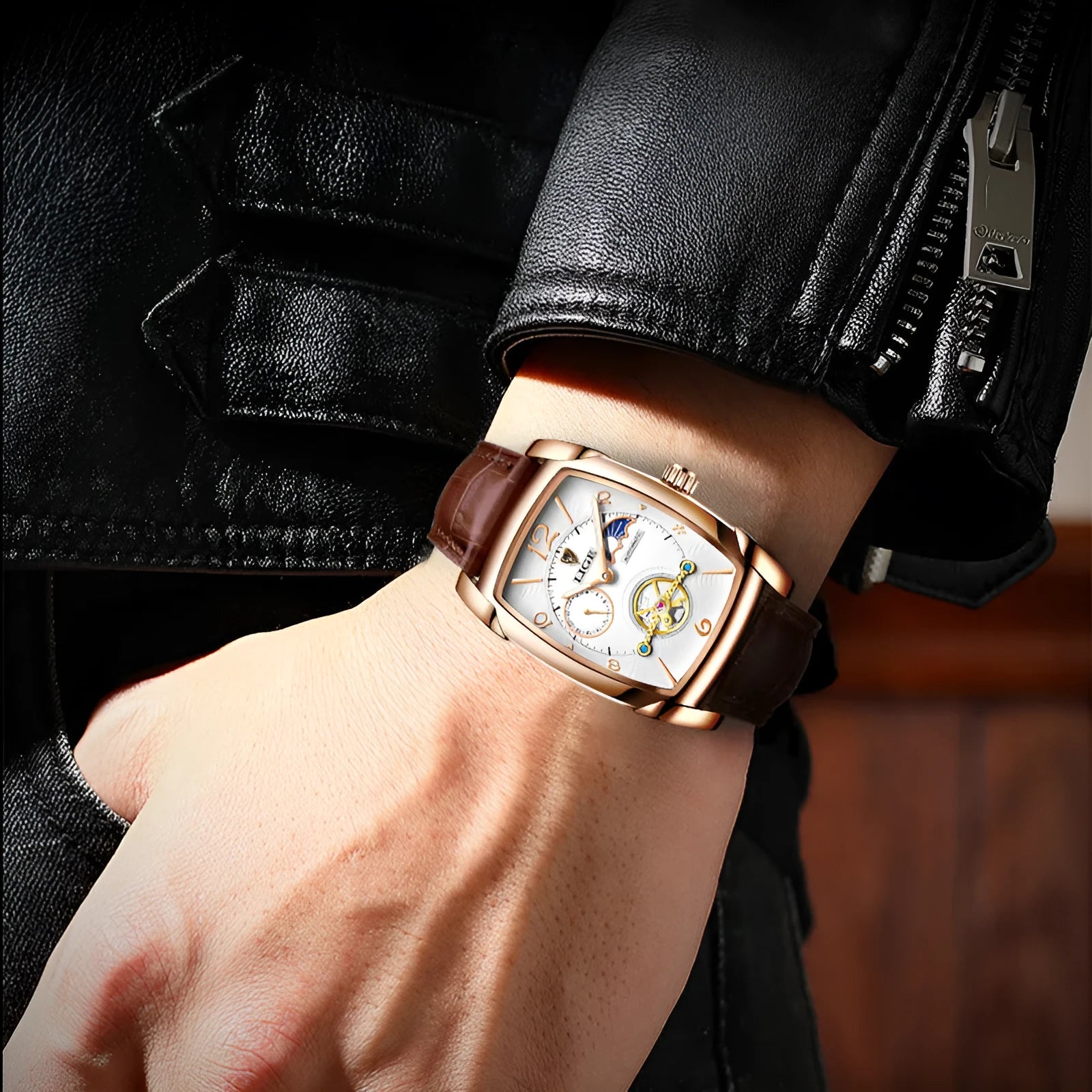 Men's rectangular mechanical watch with rose gold alloy case, white dial, calendar and transparent back