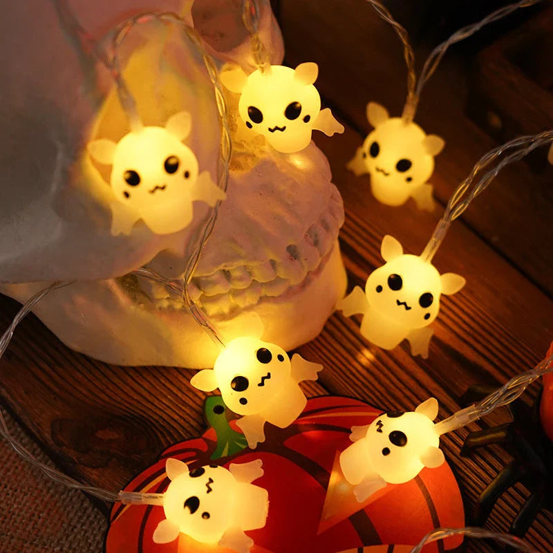 Battery-powered Halloween lighting chain with pumpkin, ghost, and bat-shaped LED lights