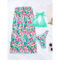 Sexy high slit three-piece printed swimsuit set for women in floral pattern, Lake Green colour