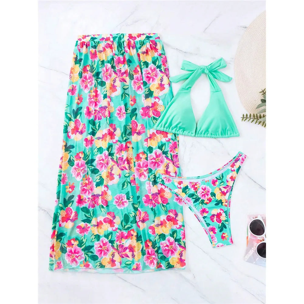 Sexy high slit three-piece printed swimsuit set for women in floral pattern, Lake Green colour