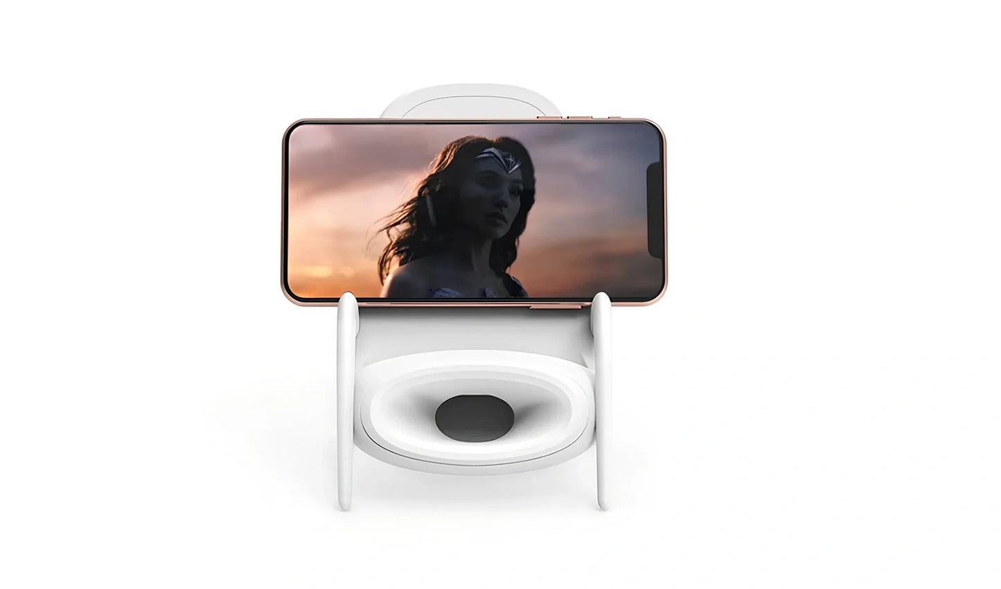 Black amplified wireless charger with bracket, 9.8 x 9.8 x 14.2 cm, for phone charging and audio boost