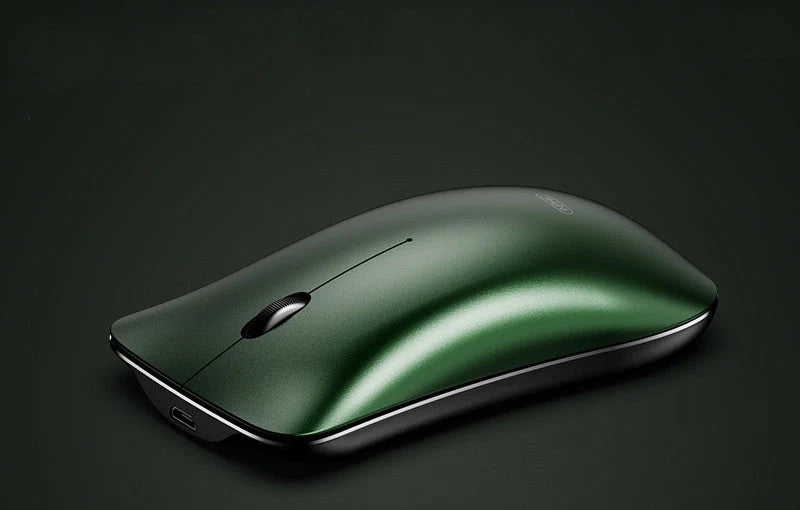 Ultra-thin silent wireless rechargeable Bluetooth mouse in blue, green, and silver