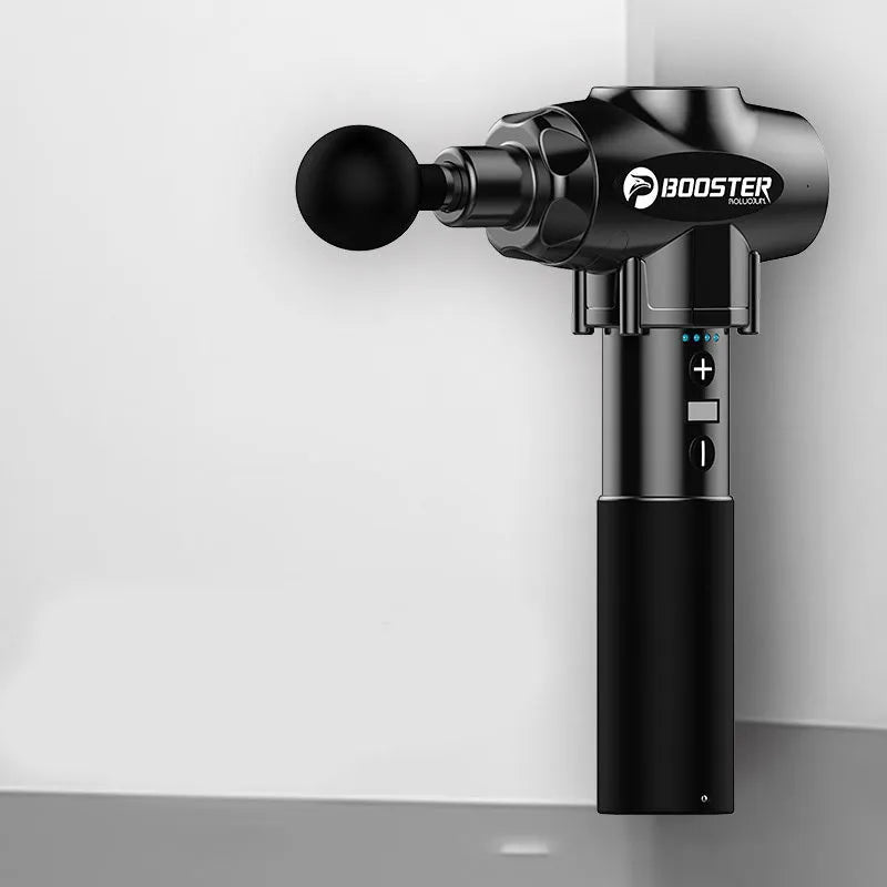 Black and white massage gun with adjustable speed control for muscle relaxation
