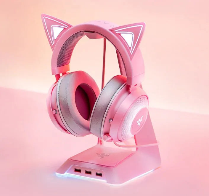 Pink glowing cat earphones wired USB headset with LED lights for kids