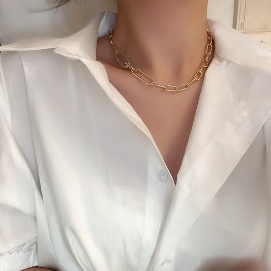 Vintage Cold Wind Zircon Metal Chain Necklace in gold with electroplating