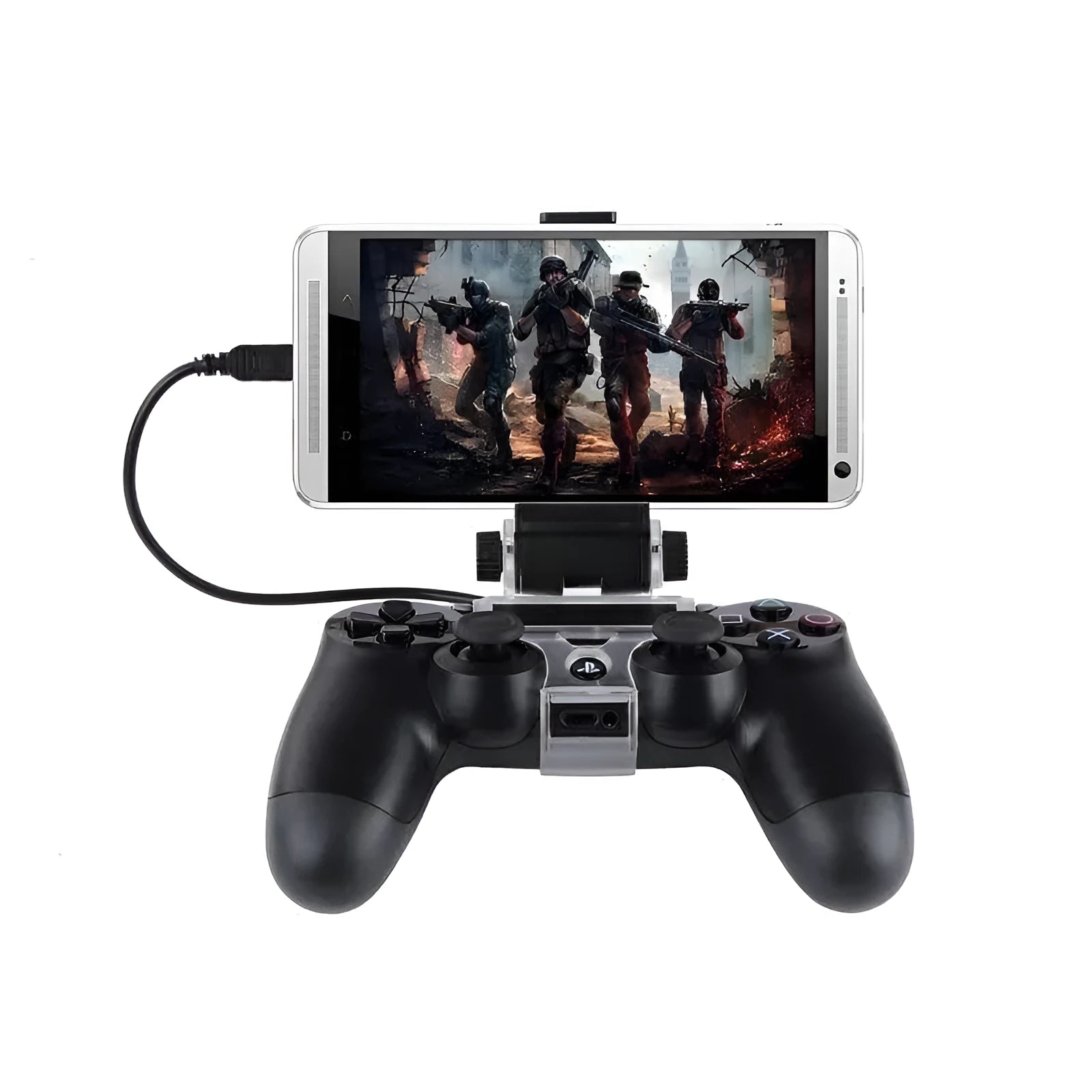 Black PS4 controller clip holding a mobile phone, with OTG cable connected.