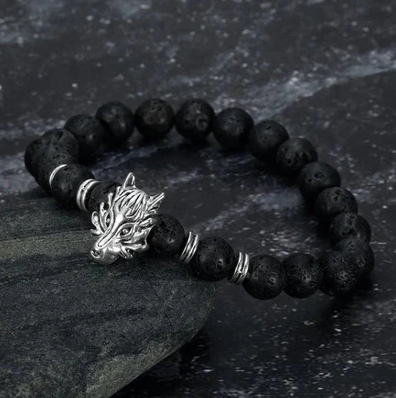Asgard Crafted Grey Wolf Head and Lava Stone Bracelet in silver and gold options