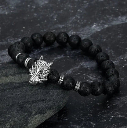 Asgard Crafted Grey Wolf Head and Lava Stone Bracelet in silver and gold options