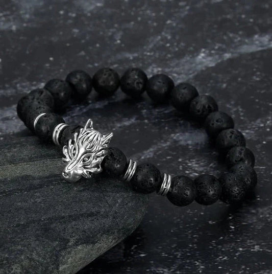 Asgard Crafted Grey Wolf Head and Lava Stone Bracelet in silver and gold options