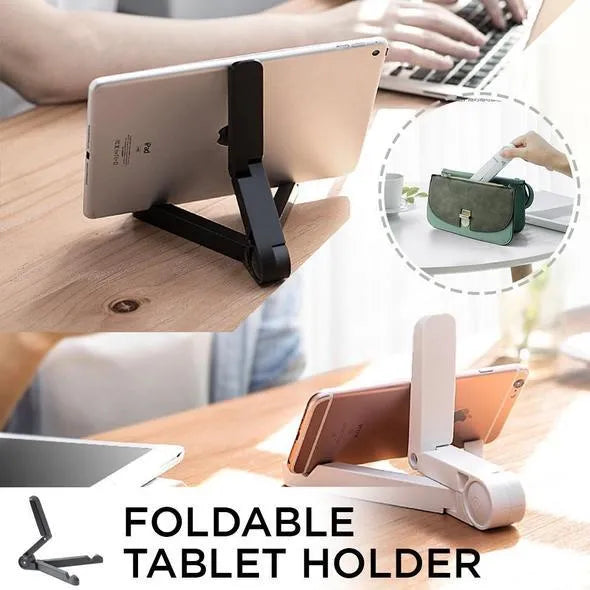 Black foldable tablet holder supporting a tablet in landscape viewing position on a desk