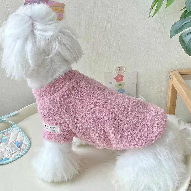 Brown double-sided cloud velvet dog jumper on a mannequin, showing soft texture and fit.