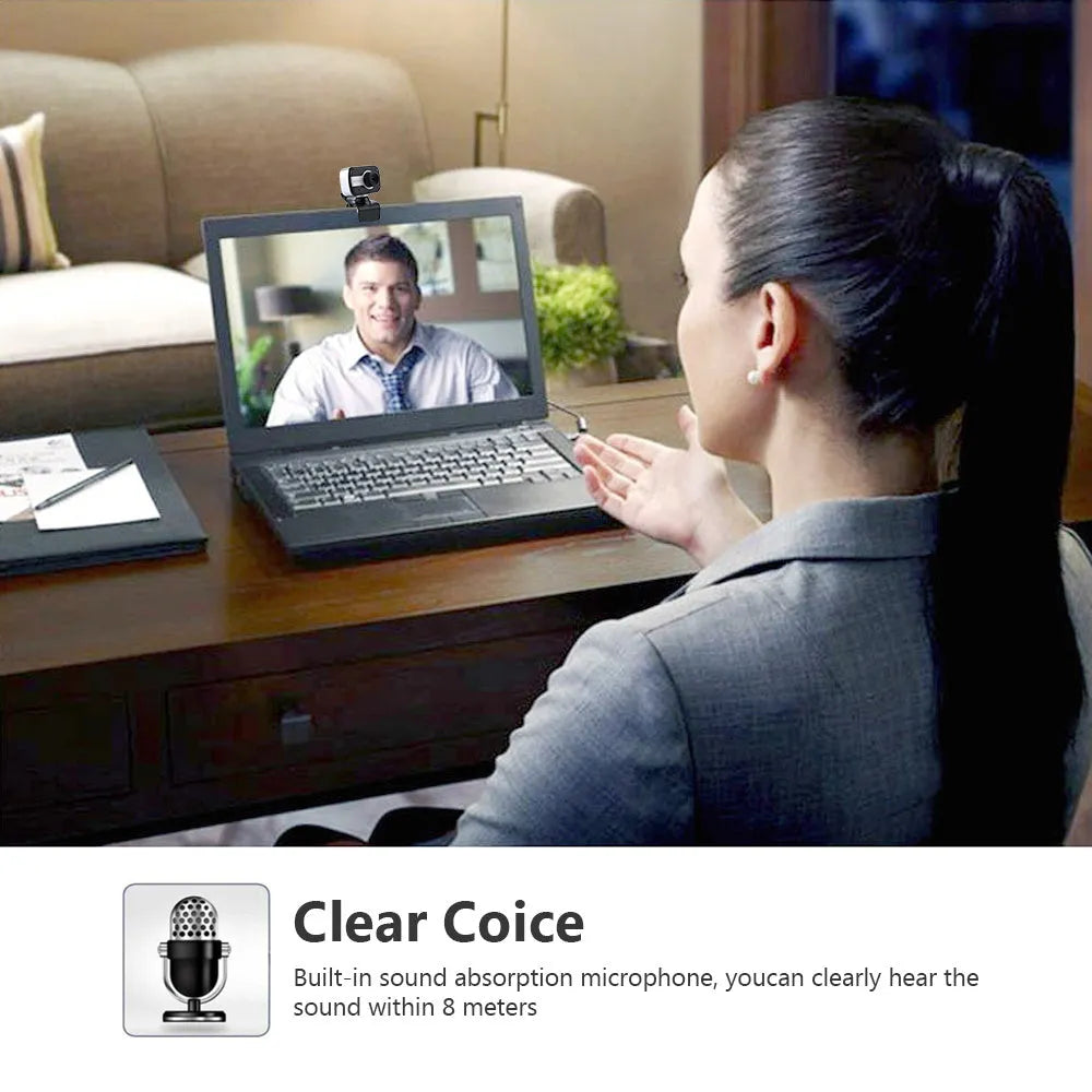Mini USB webcam with rotating base in blue, red or white colours for PC video calling.