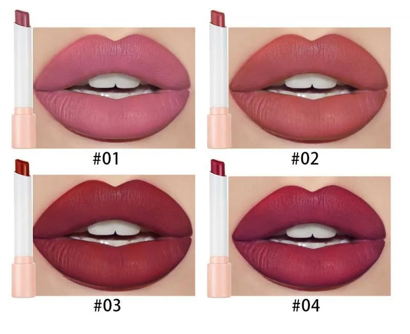 Matte mist lipstick set with four colours in semi suede texture, 10mm×80mm sticks