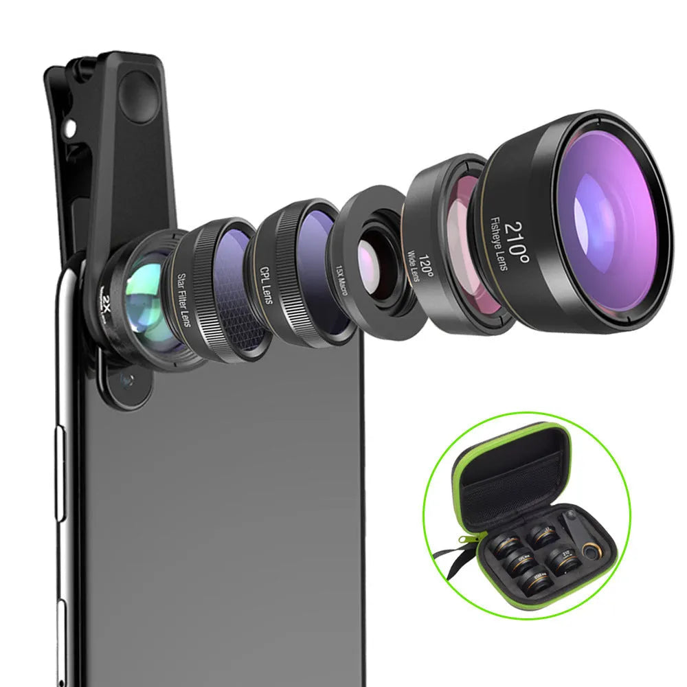 Black 6-in-1 universal smartphone lens kit with fisheye, macro, wide-angle, telephoto, CPL and star filter lenses and a clip.