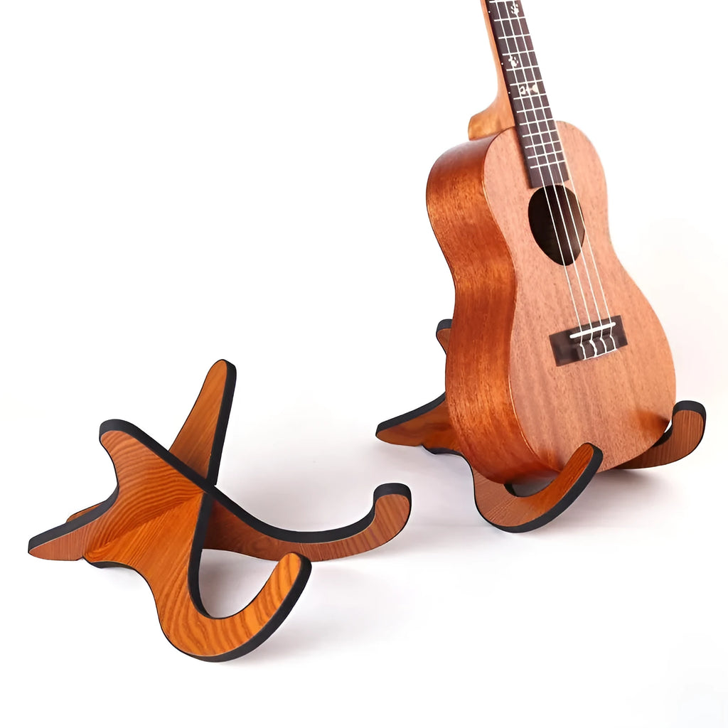 Brown wood folding ukulele stand with EVA padding, suitable for 21 23 26 inch ukuleles