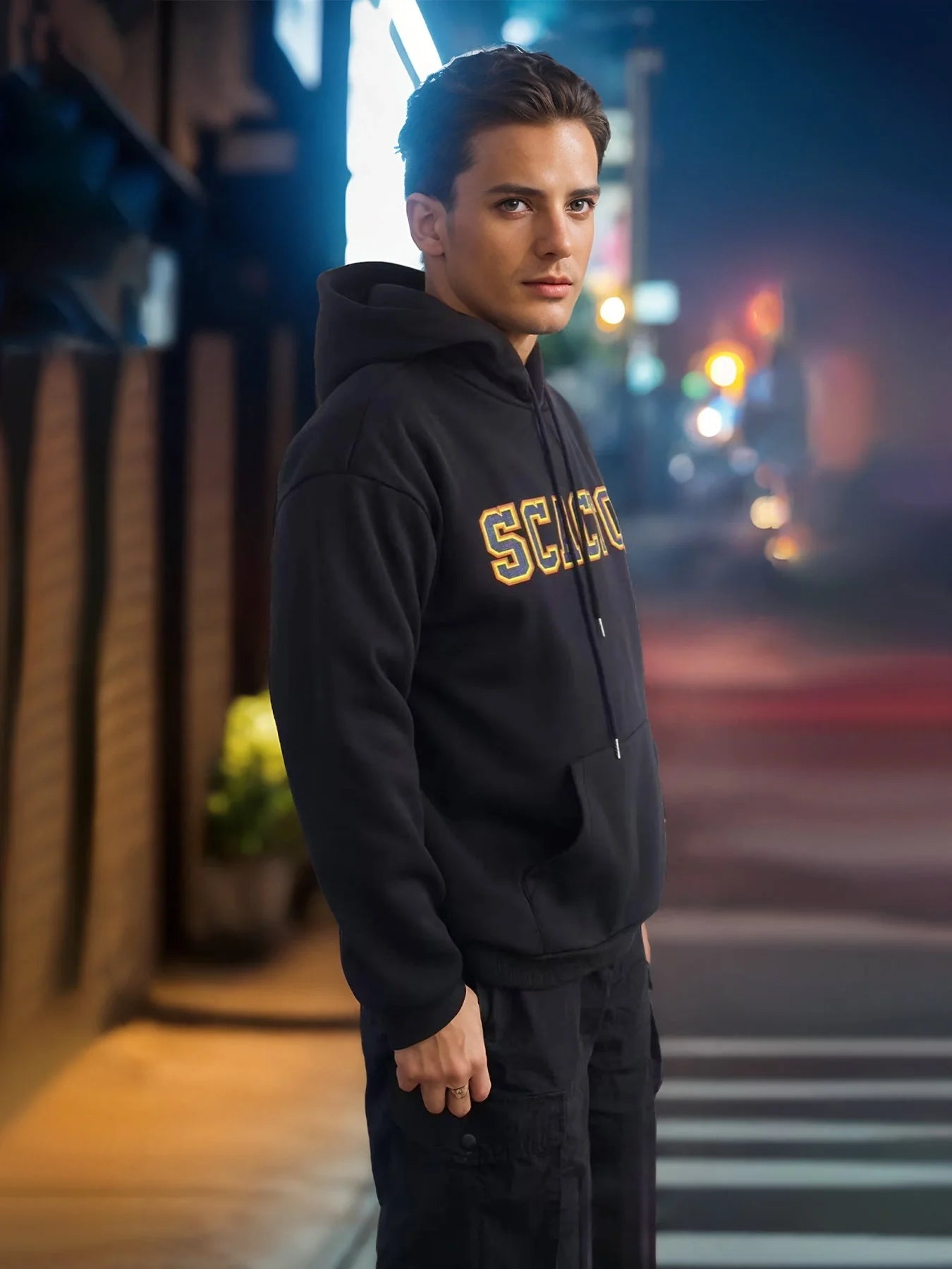 Printed cotton hoodie for men and women in black, khaki, and purple, sizes S-XXL