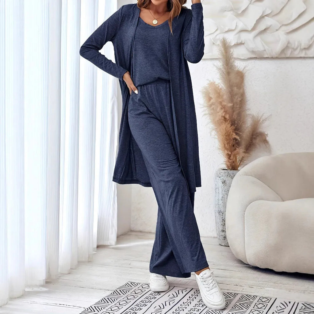 Women's blue polyester three-piece casual suit with top, cardigan and trousers in Japanese Korean style