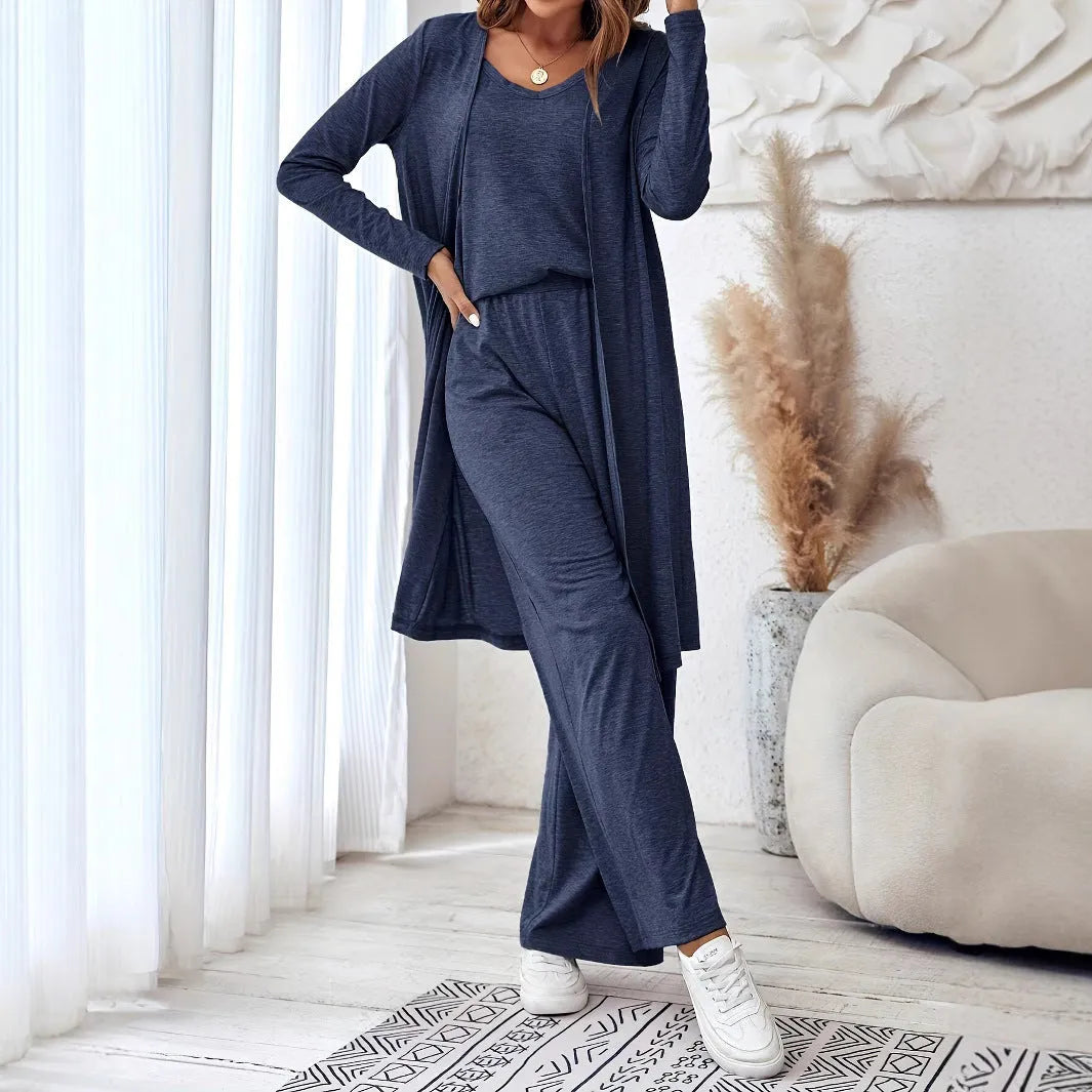 Women's blue polyester three-piece casual suit with top, cardigan and trousers in Japanese Korean style