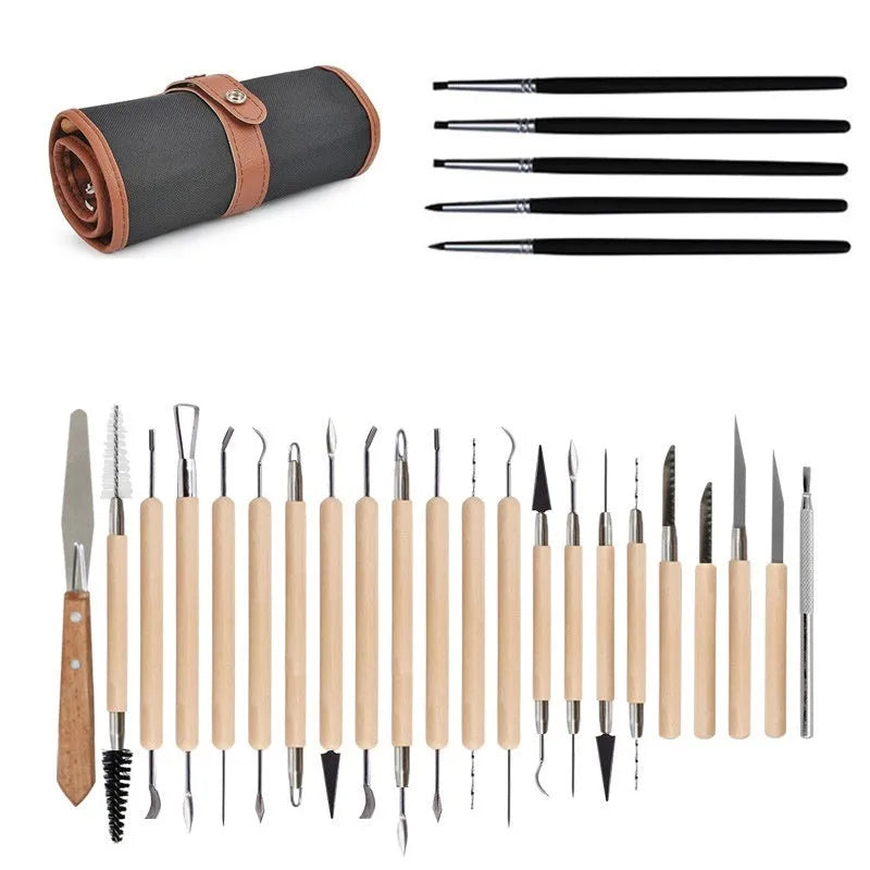 27-piece pottery clay tool set with rolling pin on a table